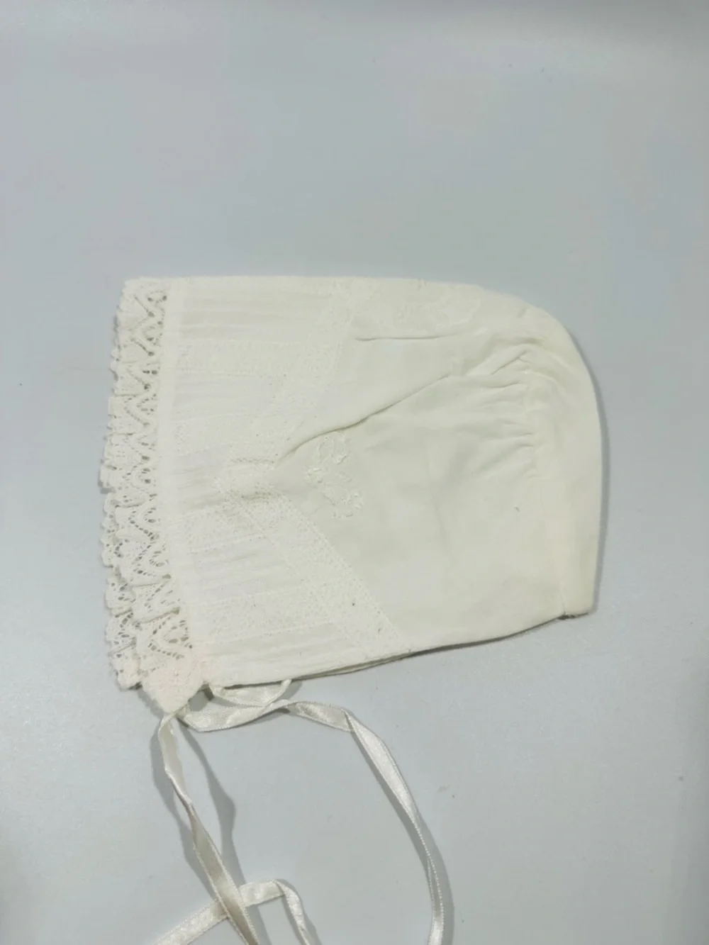 Vintage Rococo White Handmade Lace Baby Bonnet Ribbon Ties Baptism Christening